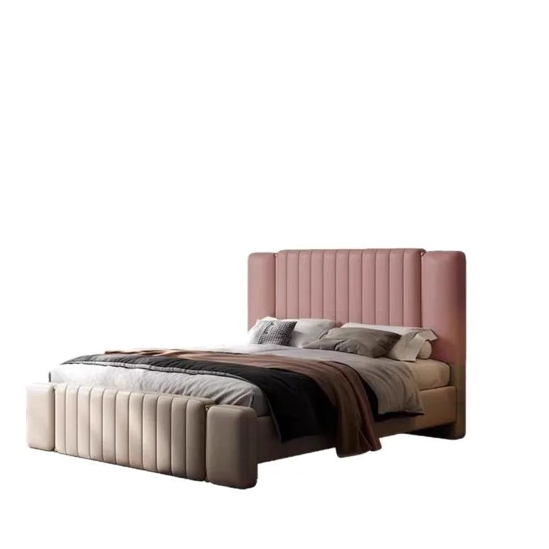 

Light luxury simple post-modern light luxury designer bedroom high backrest leather bed master bedroom storage double nappa