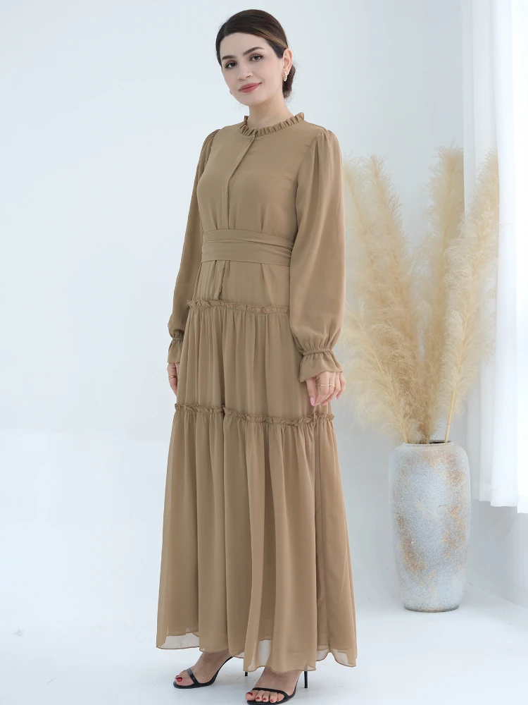 

Eid Ramadan Muslim Women Chiffon Dresses Party Abaya Long Dress Belt Morocco Kaftan Elegant Vestidos Dubai Turkey Robe Jalabiya