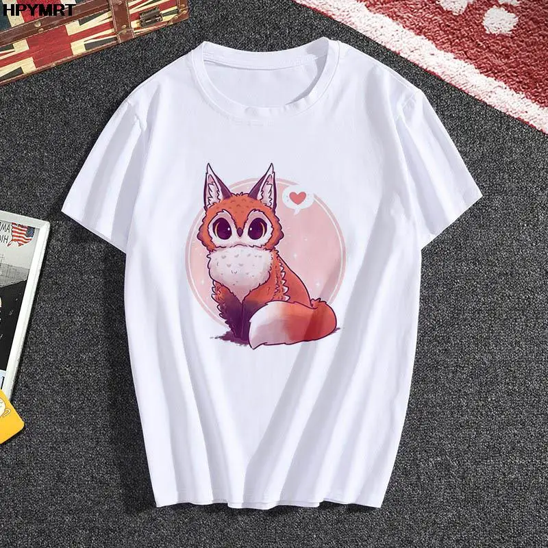 Kawaii Fox print ladies T-shirt ladies casual basis O-collar white T shirt short sleeve ladies Tshirt Cute Animal graphics Tops