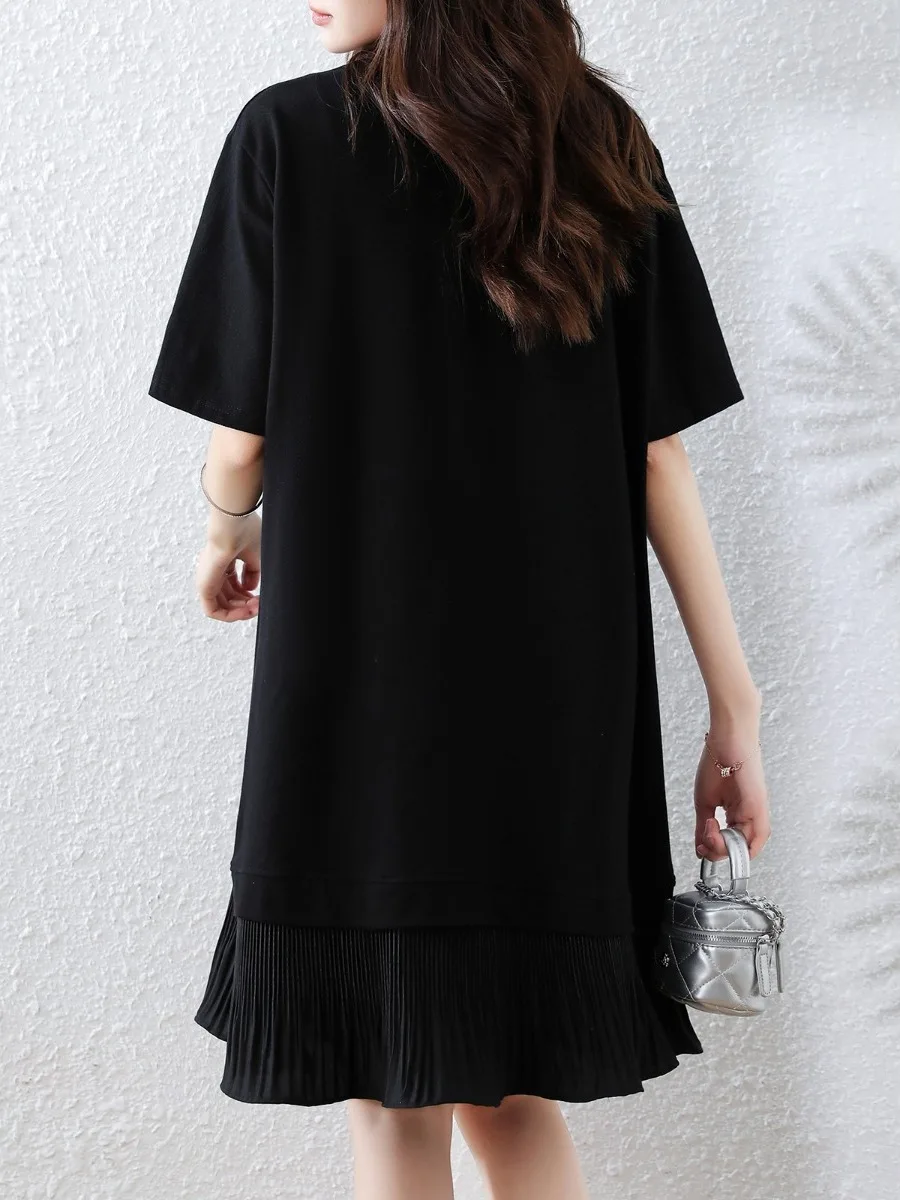 Vestido T-irt F Estilo Coreano Solto, Novo Vestido de Verão Plus Size com Capuz, Vestido Midi de Manga Curta que Cob...