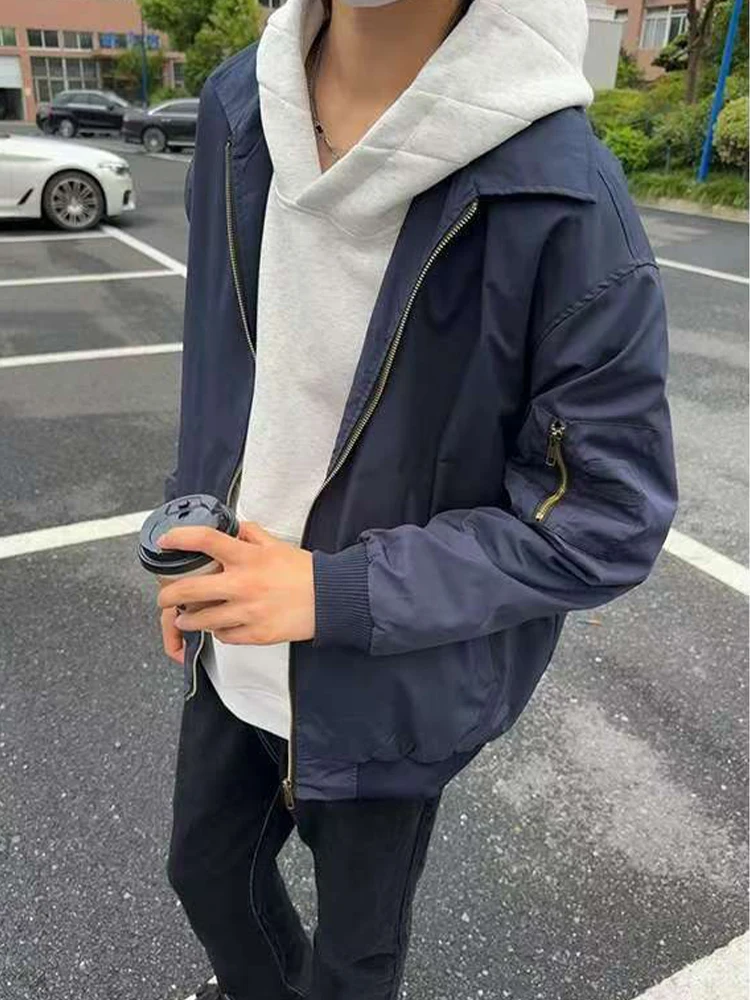 

Мужская куртка-пилот свободного кроя MA-1 королевского синего цвета для весенне-осенней рабочей одежды, с воротником-стойкой, на молнии, без капюшона