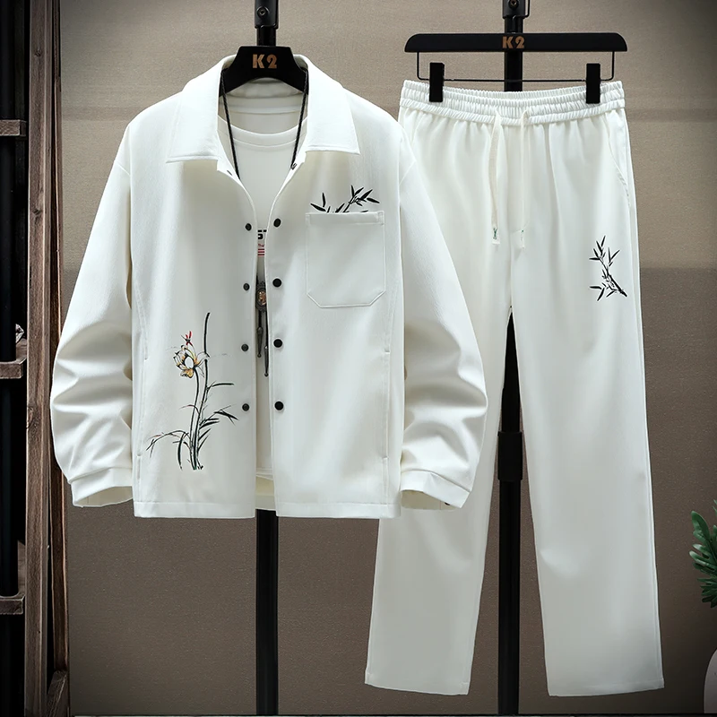 

2026 весенний мужской новый универсальный мужской костюм-двойка в китайском стиле с пряжкой, модный свободный костюм из двух предметов в национальном стиле