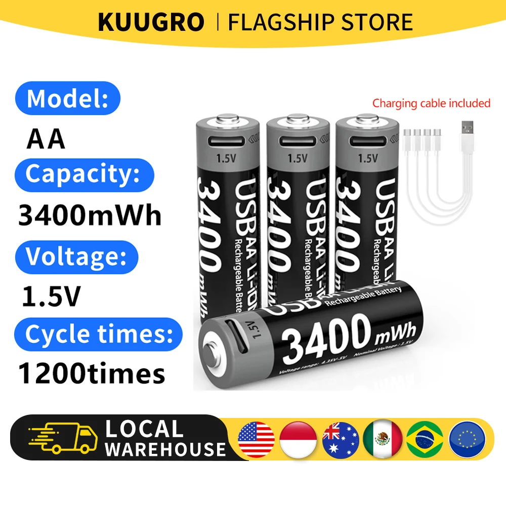 Batterie au lithium rechargeable USB AA 1,5 V 3400 mWh de type C pour caméra de chasse, télécommande, souris, serrure de porte intelligente, jouets