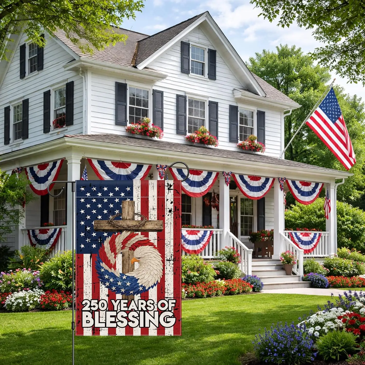 4th of July Garden Flag, 250 Anniversary USA Flag Patriotic America Memorial Day Yard Decorations Outside Eagle Wreath Bless AAS