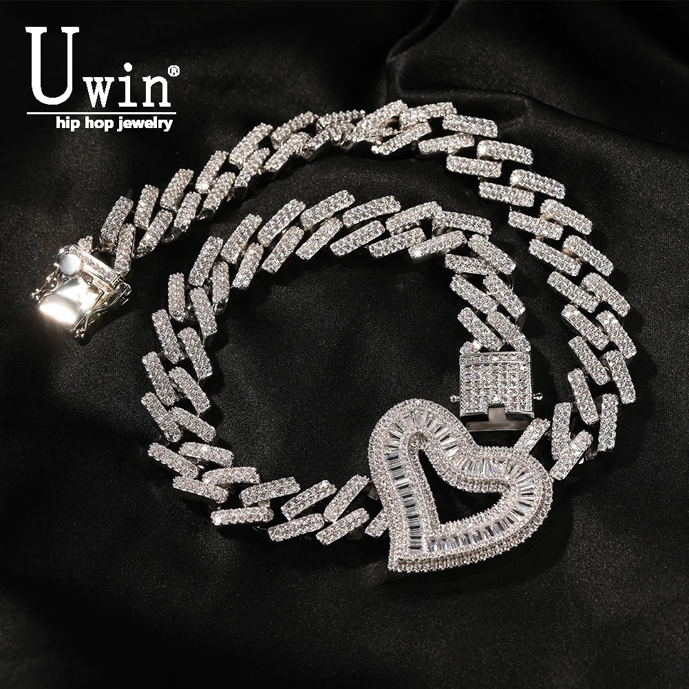 

Uwin Big Hollow Heart With 14mm 2 Rows Baguette Cubic Zirconia Cuban Necklace Iced Out CZ Choker Fashion HipHop Jewelry For Gift