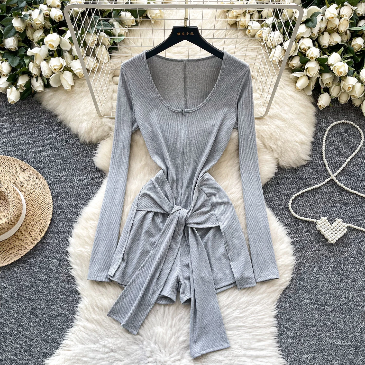

Women Summer Autumn Gray Bandage Playsuit Rompers Lady Design Trendy Slim Onesie Jumpsuit Bodysuit Fashion Elegant Streetwear