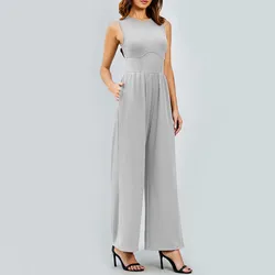 Women'S Jumpsuits 2024 Casual Summer Sleeveless High Neck Rib Tank Top Wide Leg Pants Romper Tummy Control High Waist Jumpsuits