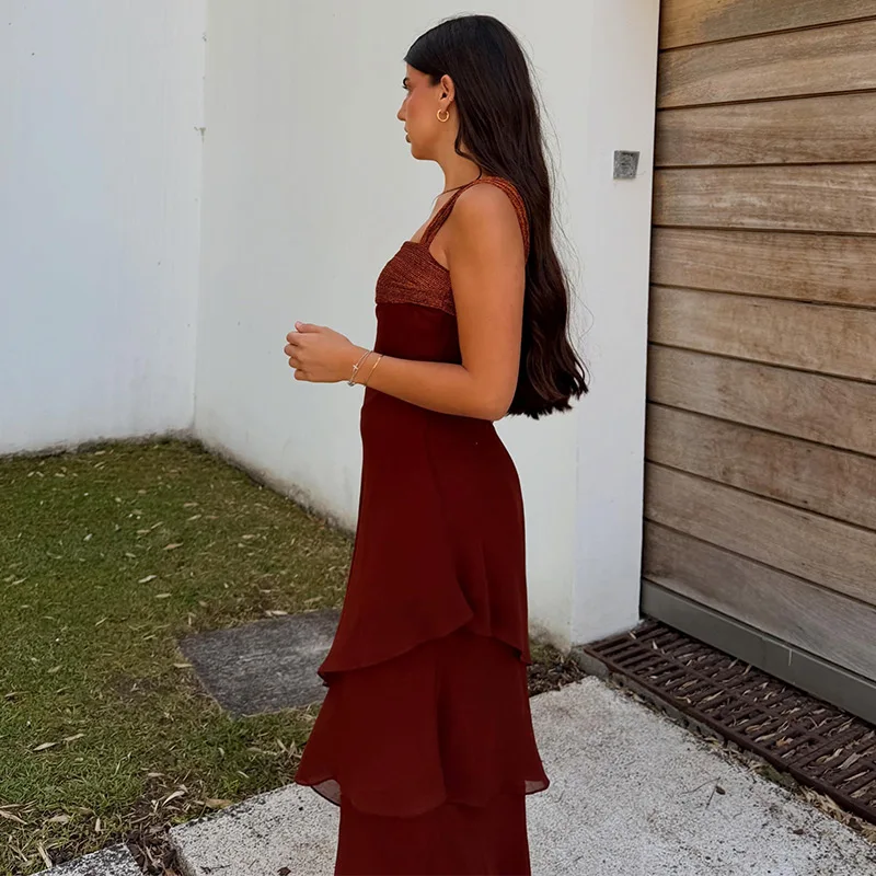 Neues 2026 Sommer Urban Patchwork Damen Maxikleid mit Kaskadenrüschen, schrägem Kragen und Empire-Schnitt – perfekt für den Urlaub – Detail 9