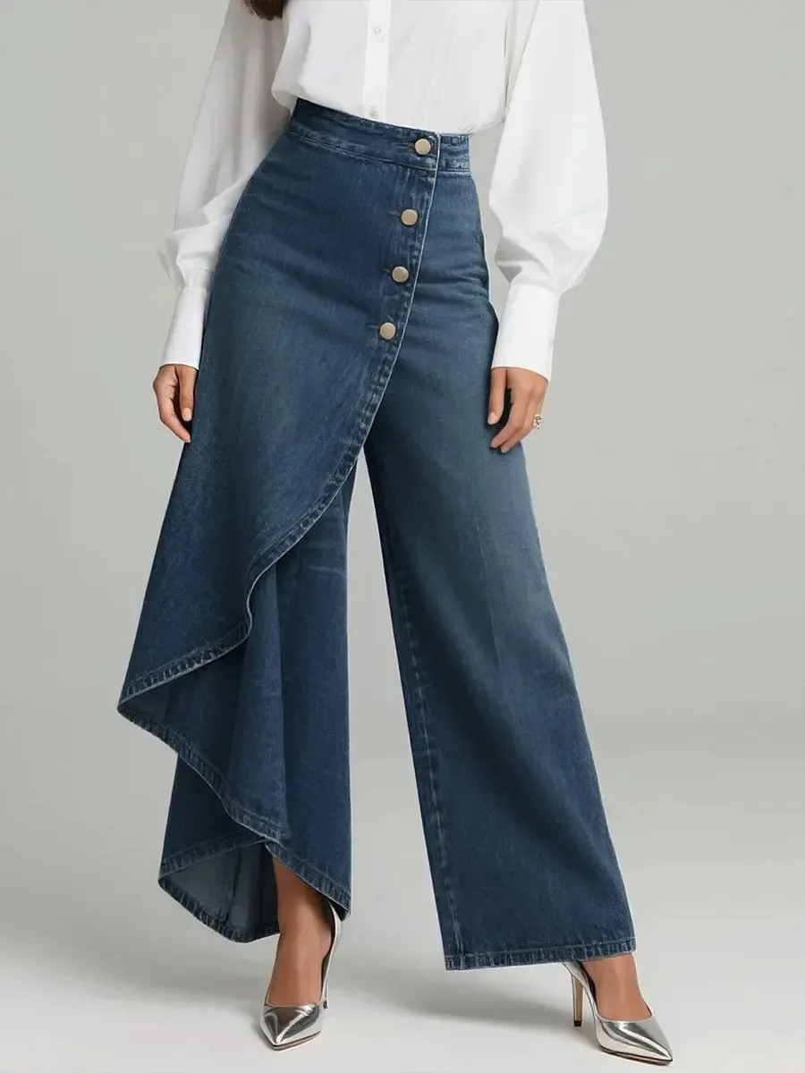 2026 New Women's Casual Wide Leg Pants Spring Fashion Breasted Design Ladies Slim Trousers Vintage Imitation Denim Women Pants