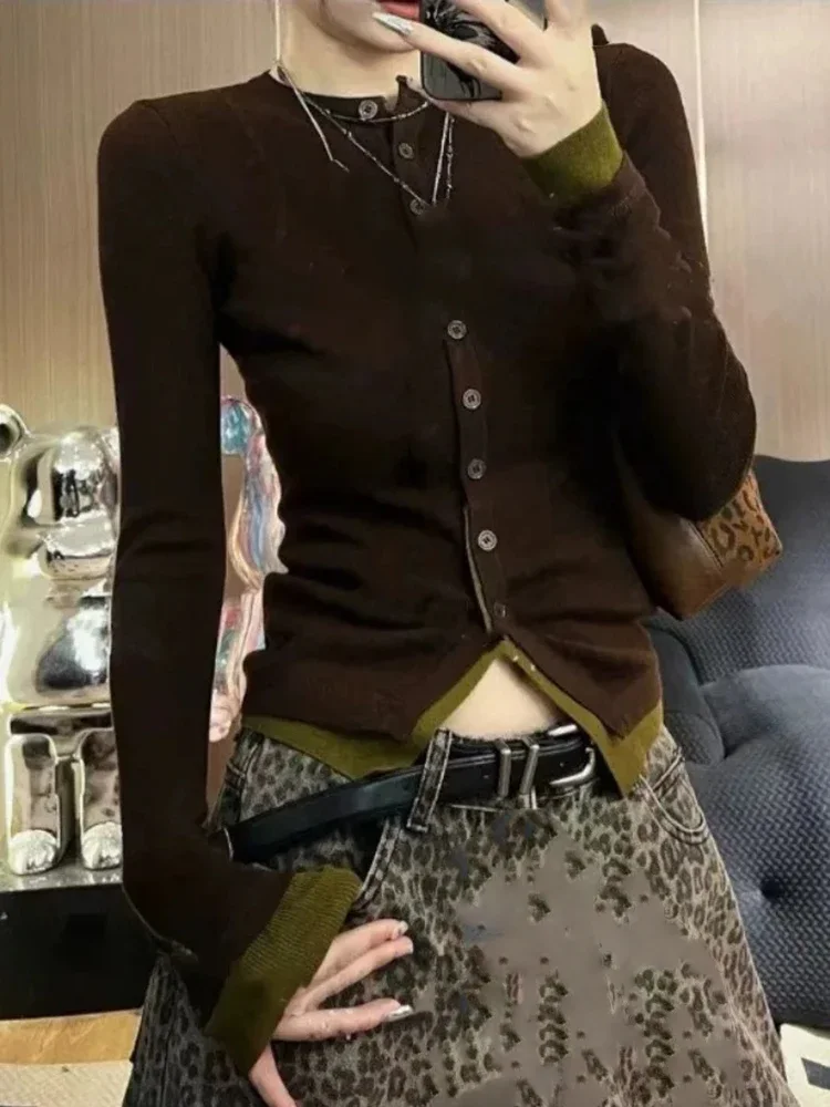 

American Vintage Pure Desire Undershirt Fake Two Pieces Early Autumn Thin Cardigan Slim Short Panelled Crop Tops