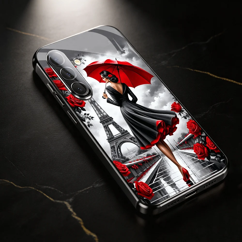 Elegant and stylish woman Black Tempered Glass TPU phone case for Samsung Galaxy S26/S25/S24/S23/S22/S21FE Ultra Plus Shockproof
