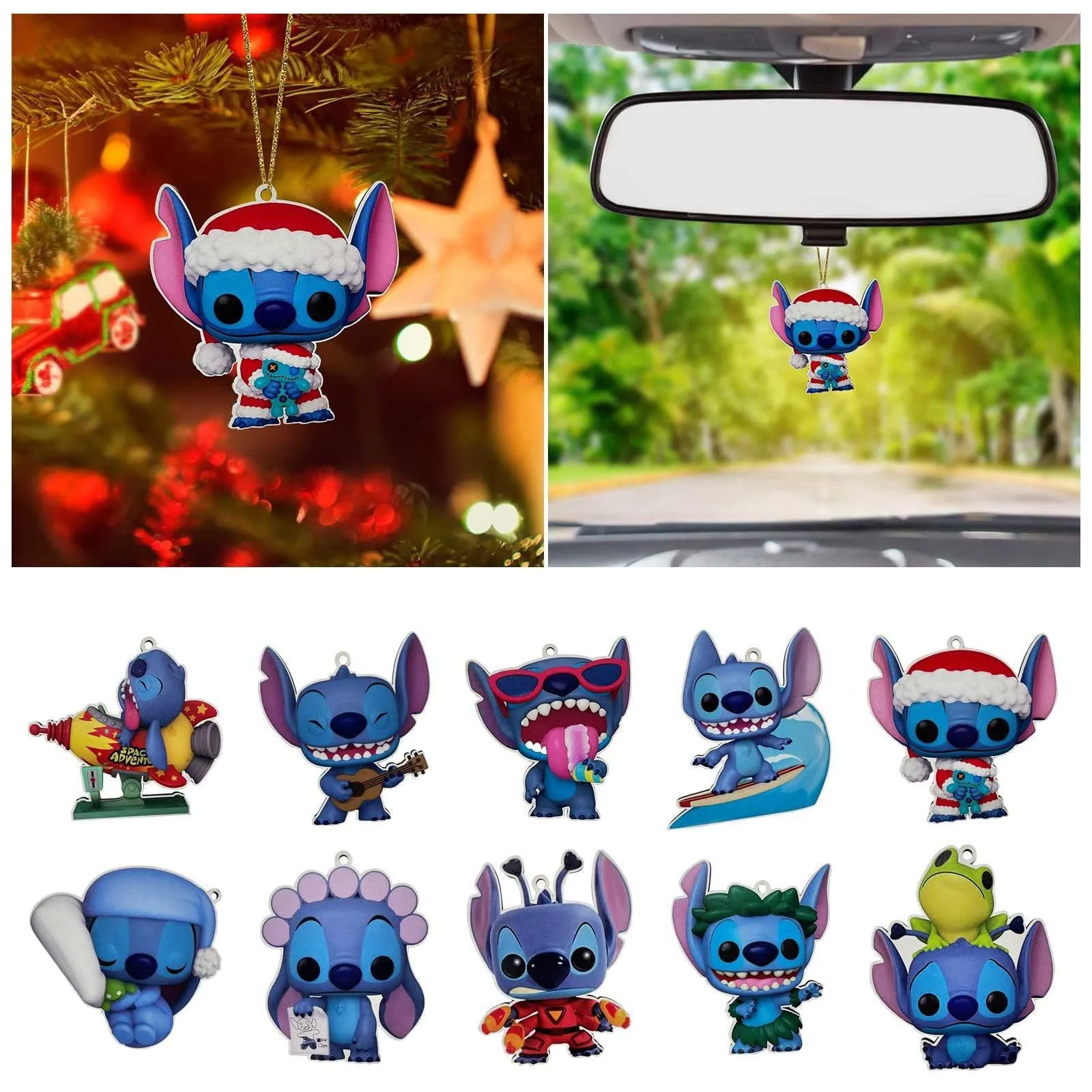 

Disney Stitch Ornament Pendant Christmas Trees DIY Hanging Decoration Acrylic Flat Car Rearview Mirror Decoration Holiday Gifts