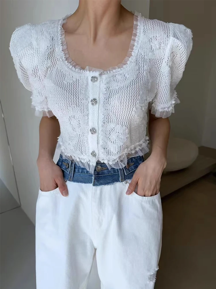 

Sweet Style Short Bubble Sleeve Shirt Women's Summer New Design Embroidered Lace Cardigan Top Polyester Fiber round Neck