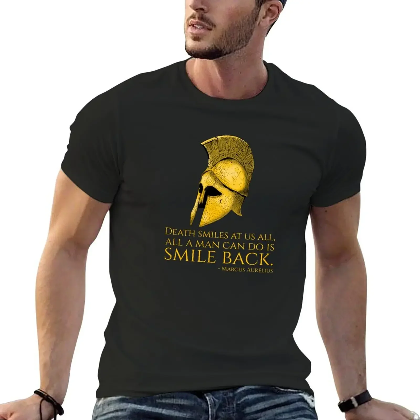 

Death smiles at us all, all a man can do is smile back. - Marcus Aurelius Quote T-Shirt plain men clothing