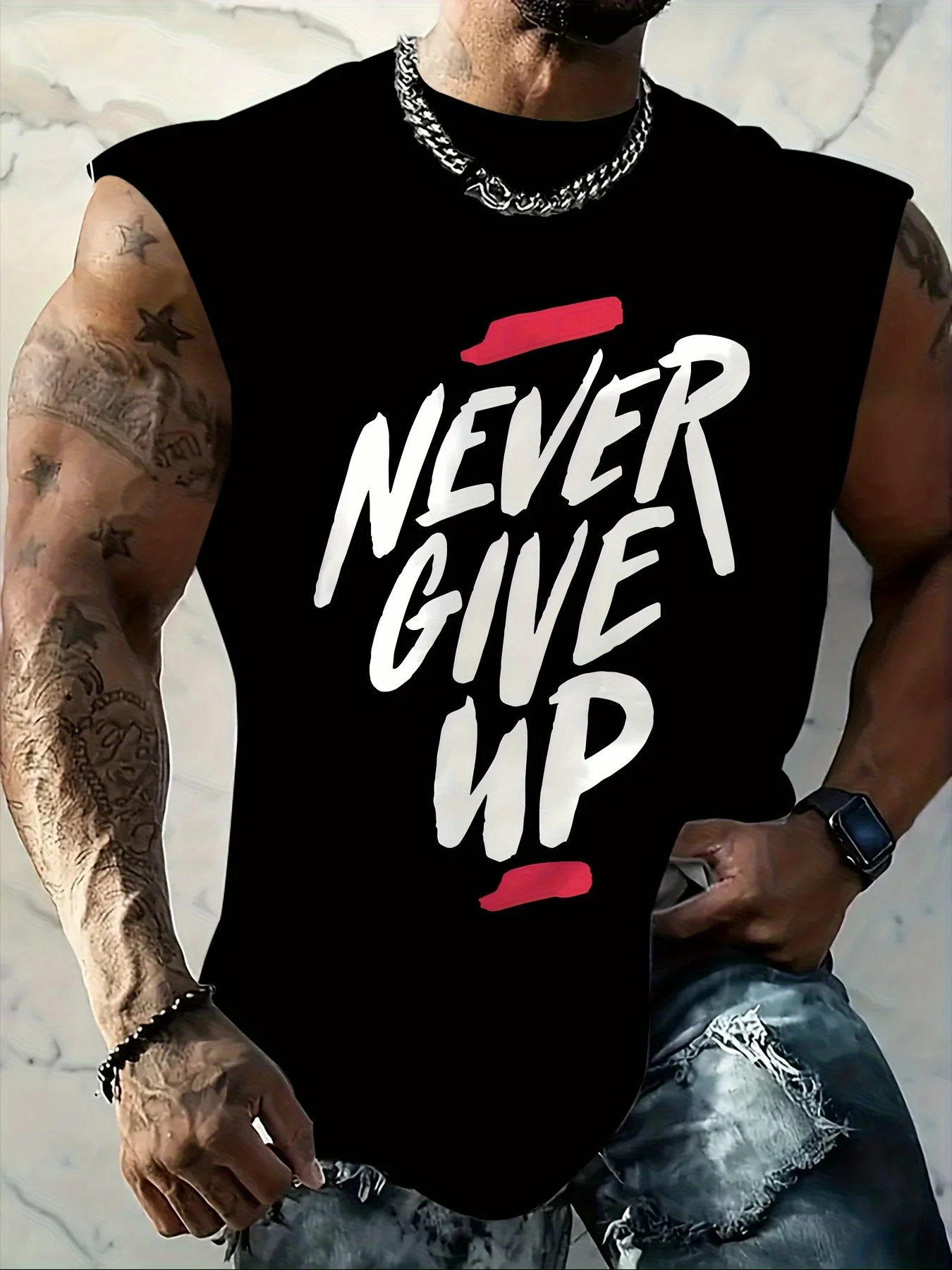

Men's "Never Give Up" Inspirational Print Tank Top - Breathable, Elastic Sleeveless Summer Fitness Training Basketball Top