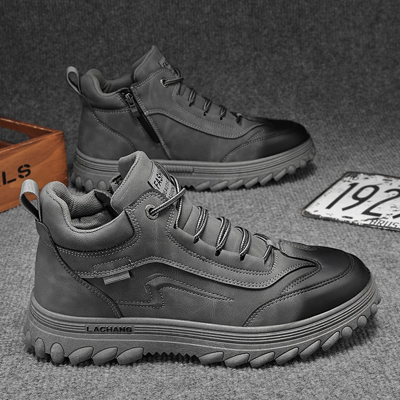 Casual Shoes Motorcycle Boots High-Top Winter New Style Cotton Shoes Rubber Outsole Round Toe Flat Heel Men's Leather Boots