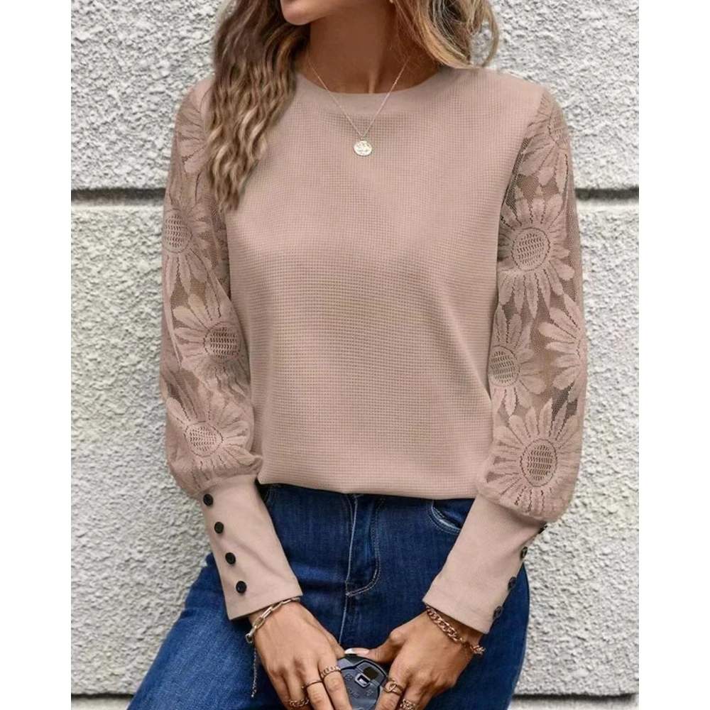 

Women Sheer Mesh Contrast Floral Pattern Buttoned Decor Long Sleeve Top Fashion Casual Round Neck Blouse Elegant Summer Wear