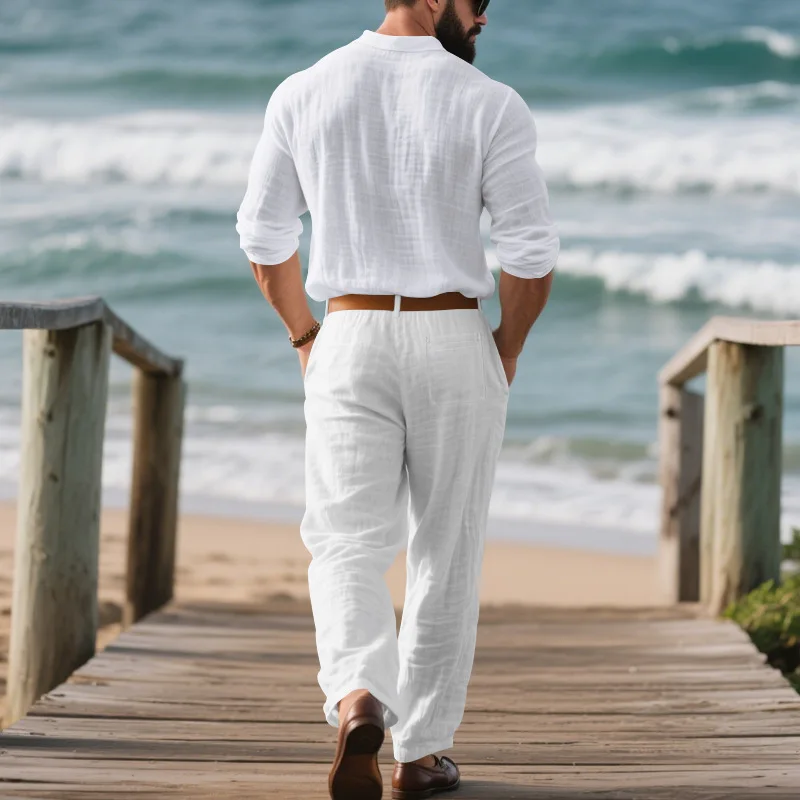 Sommer Herren Leinen 2-Teiliges Set Langarm Poloshirt Hose Einfarbig Lässig Atmungsaktiv Leicht Pendler-Outfit – Detail 3