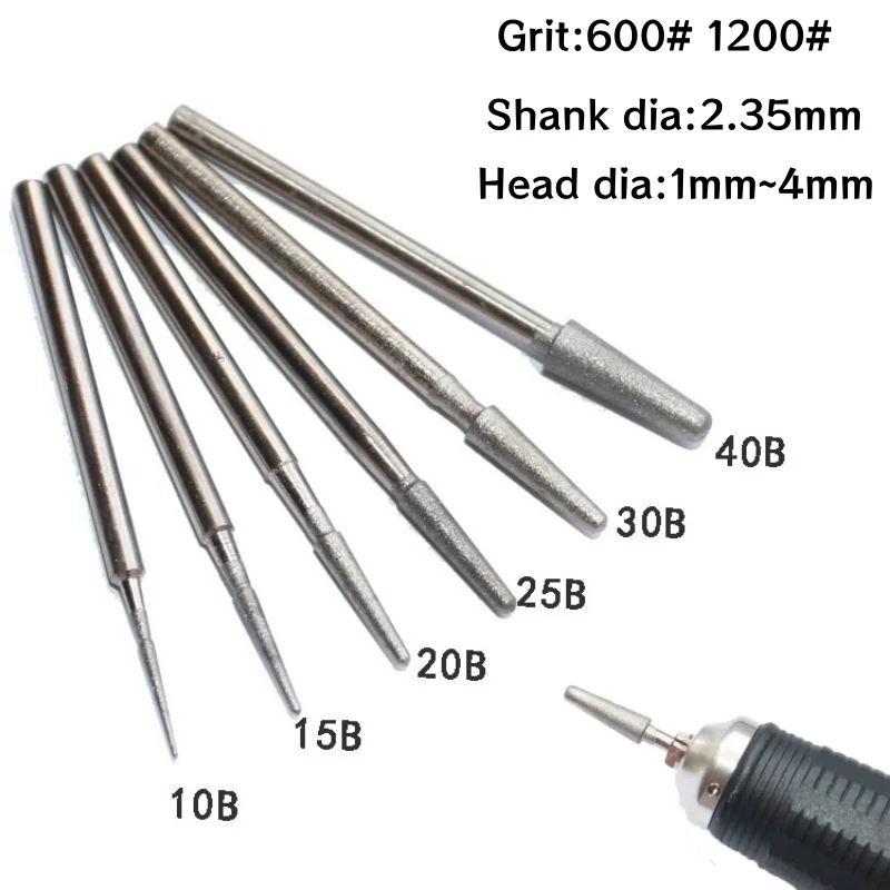 2.35mm Shank Diamond Grinding Head 1-4mm Rotary Drill Bits Burrs Metal Stone Jade Engraving Carving Tools Grit 600/1200 B Needle