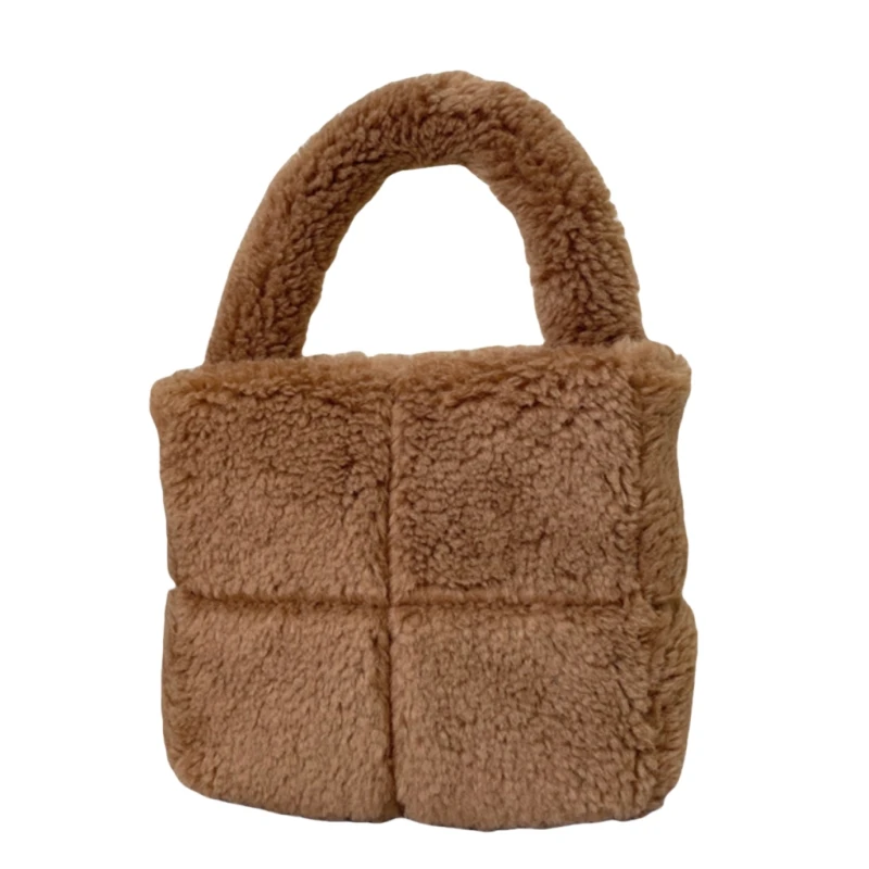 

Winter Artificial Lamb Wool Checkered Handbag Fashionable and Retro Faux Fur Hand-held Buckle Tote Bag Furry Daily Plush Bag