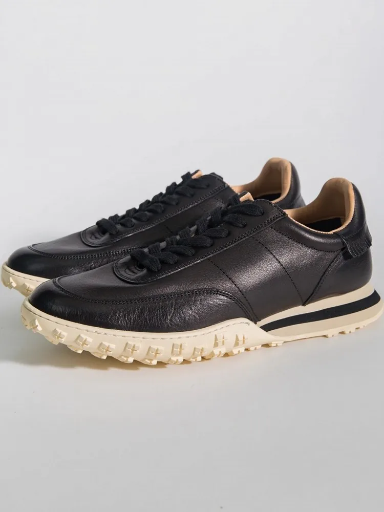 Mens Outdoor Cowhide Genuine Leather Sports Shoes Antiskid Platform Athlete Running Shoes Low Cut Lace Up Jogging Training Shoes
