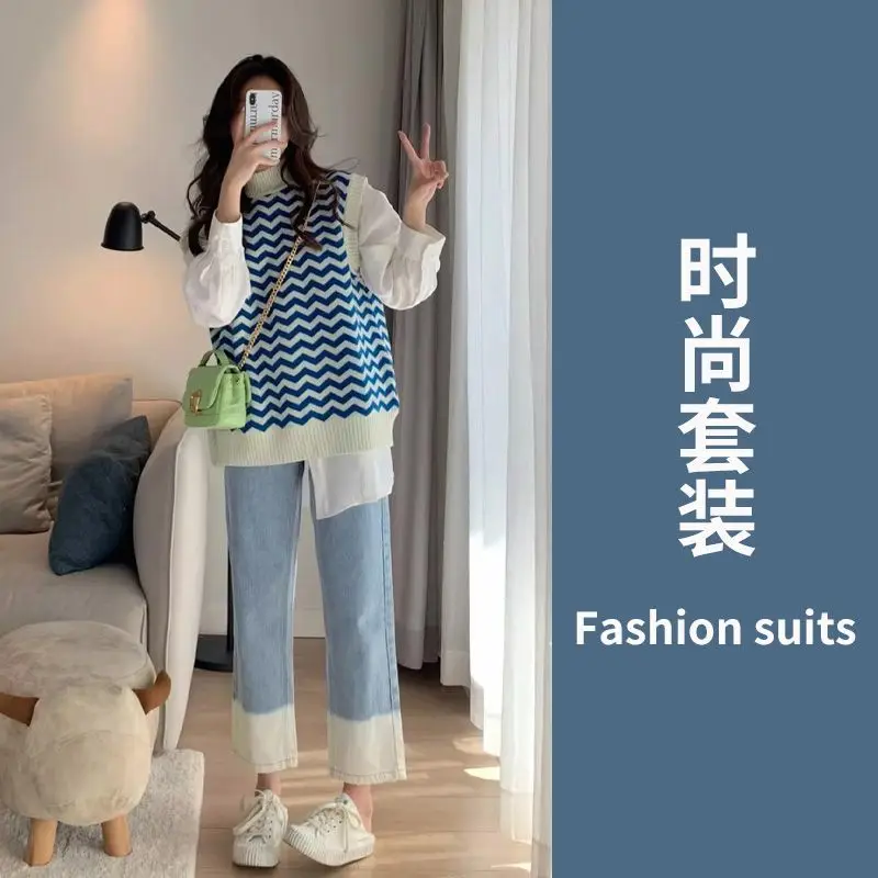 2024 Korean version new autumn and winter outfit small knitted vest+fashionable shirt milk jeans three piece set