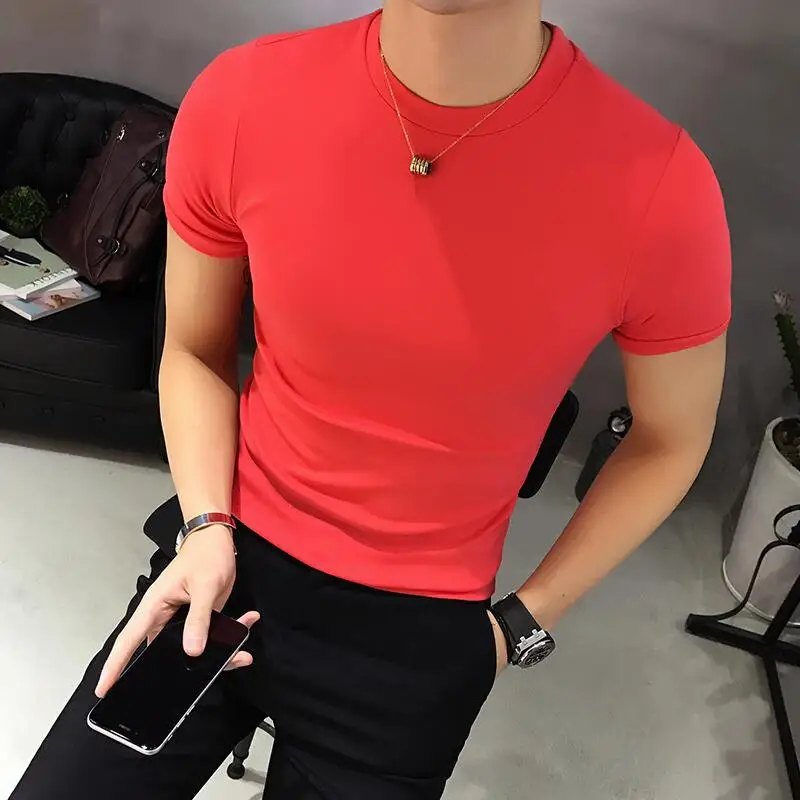 Summer High Quality Cotton T-Shirt For Men Luxury New Short Sleeve Solid Slim Fit Tight Elastic Tee Pullover Fitness T-shirt