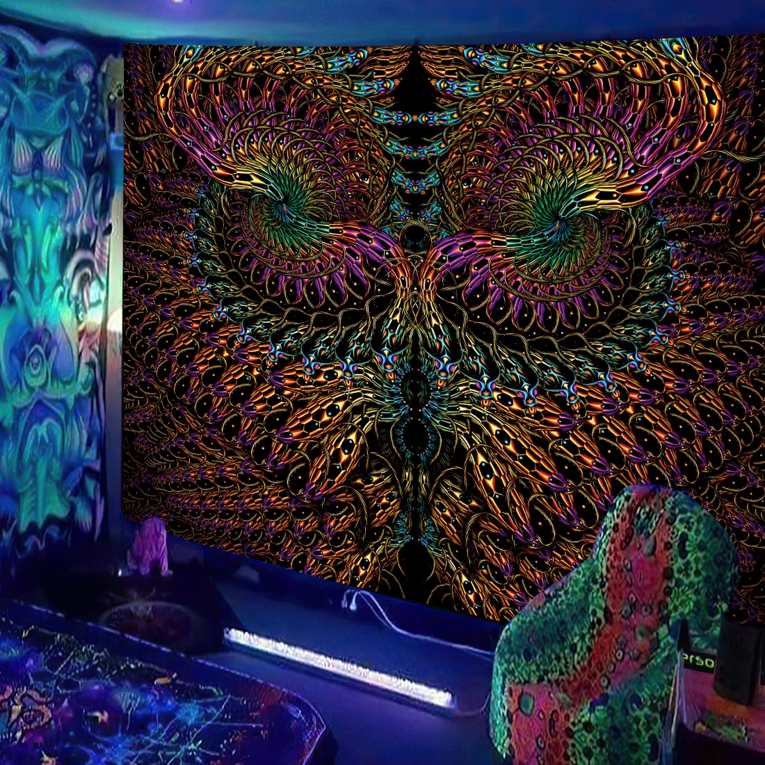 Tapiz de luz negra, seta psicodélica reactiva UV, arte fractal, colgante de pared, dormitorio, decoración de pared separada