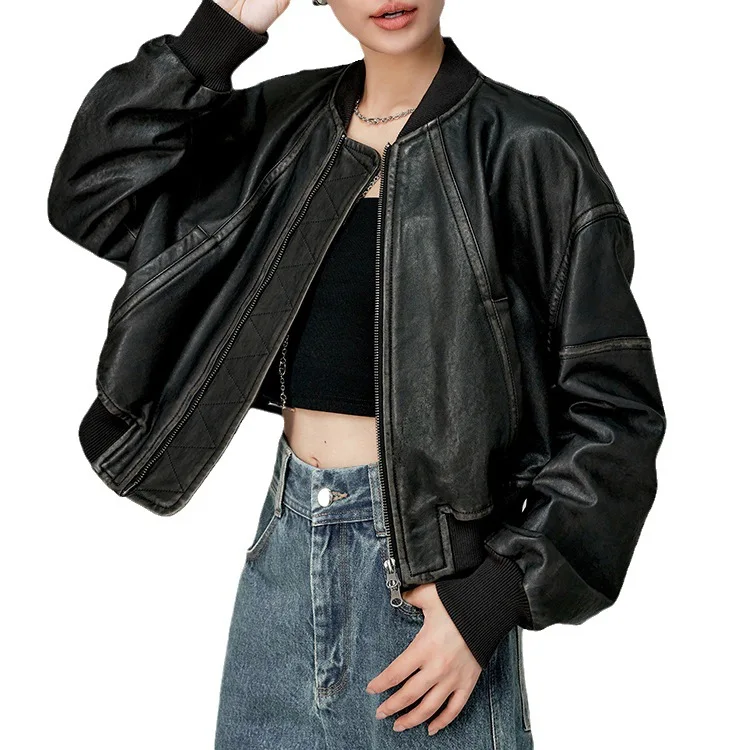 2023 Genuine Leather Jacket, New Autumn and Winter Sheepskin, Worn Out Two Tone Baseball Jacket, Two Tone Casual Jacket