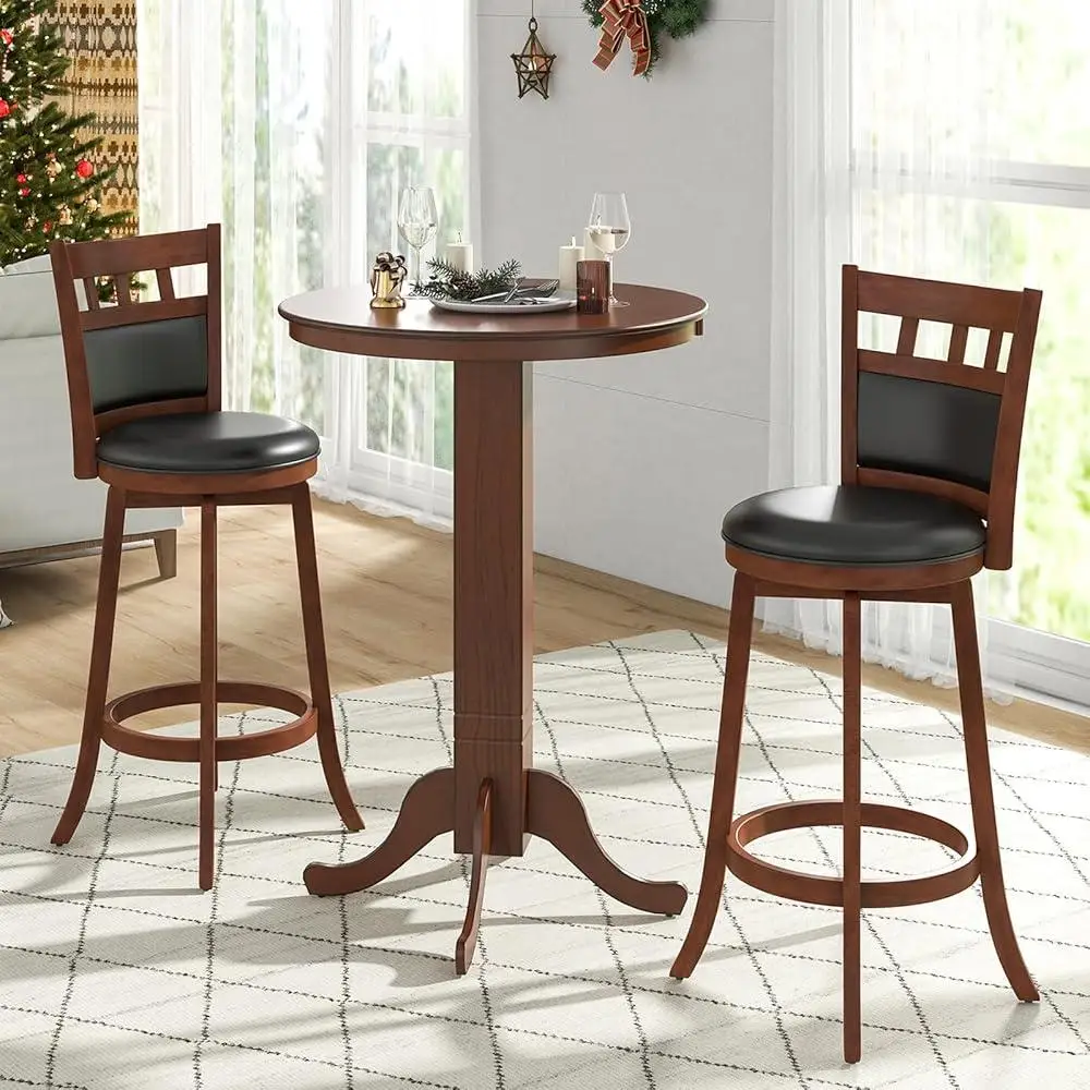 3 Piece Round Bar Table Set with 2 Upholstered Swivel Stools Rubber Wood Frame Kitchen Dining Home Decor