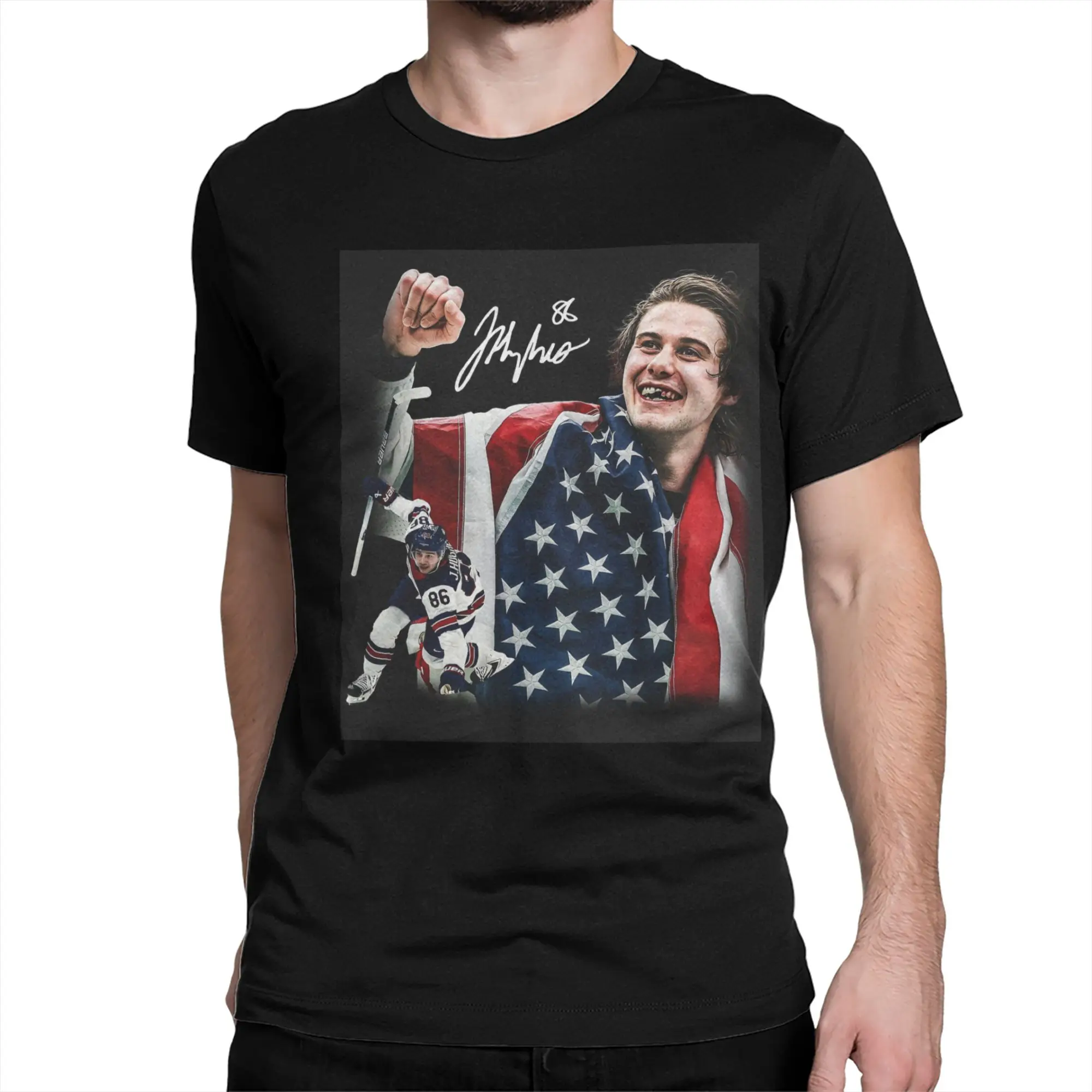 Amazing Jack Hughes USA Gold Medal Hockey T-Shirts for Men Crew Neck 100% Cotton T Shirts  Short Sleeve Tees New Arrival Clothes