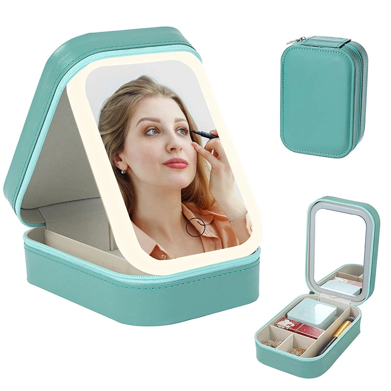 Makeup Storage Box With LED Light Mirror Portable Travel PU Leather Cosmetics Jewelry Storage Bag 3 Adjustable Brightness