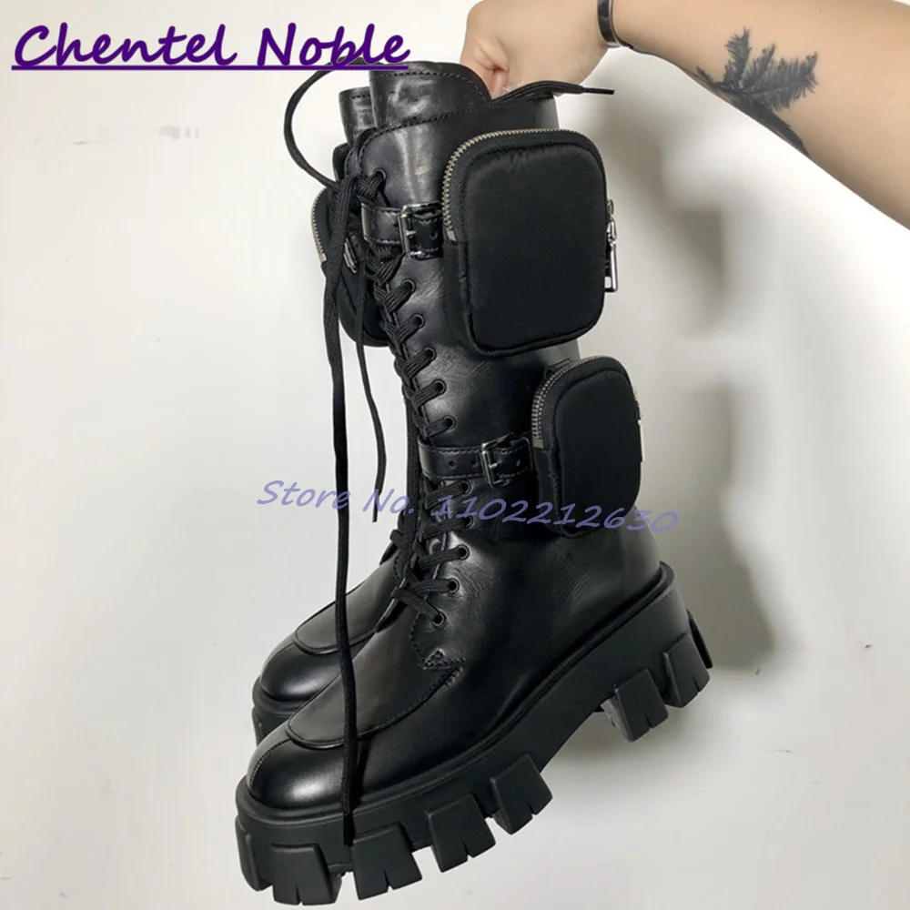 Black Motorcycle Boots Thick Sole Pockets Lace Up Leather Ankle Boots Newest Fashion Cool Comfortable Women Shoes Daily Leisure