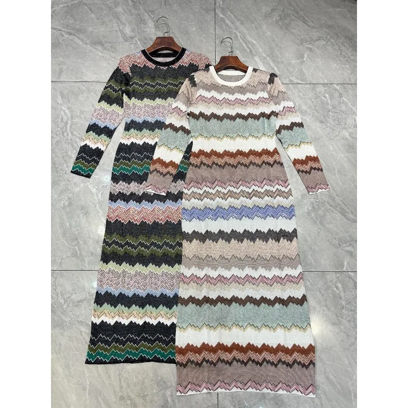Bohemian Striped Knitted Long Sleeve Dresses for Women 2026 Autumn New Slim Fit High-end Fashion Long Dress Elegant Evening Gown