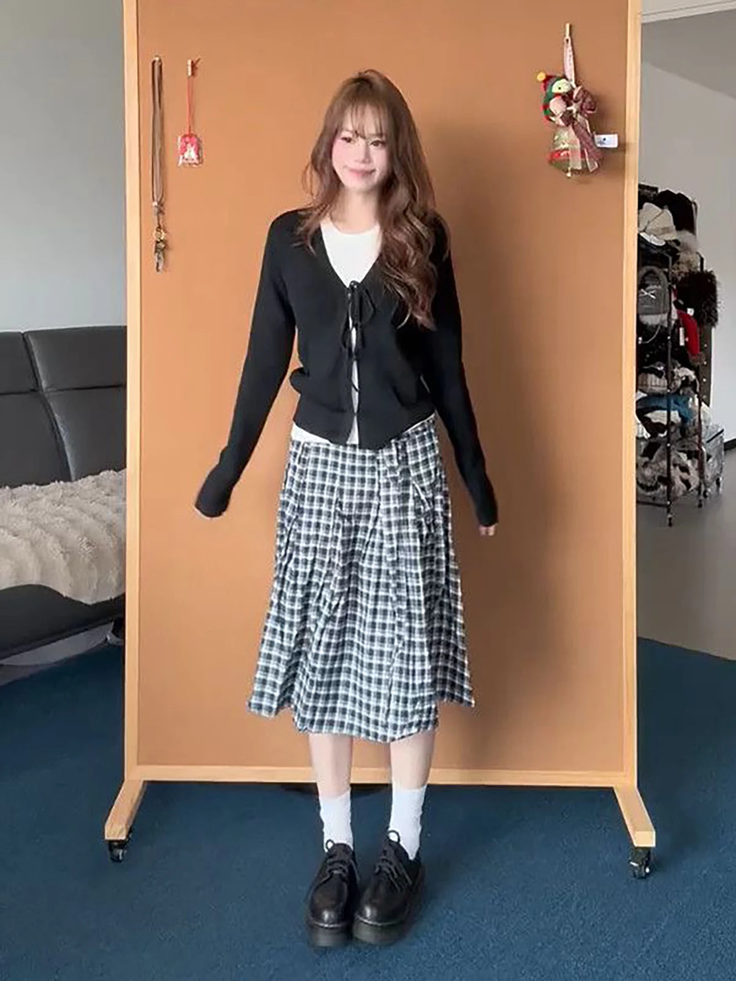 

Elegant Gentle Black Knitted Cardigan White round Neck Shirt Plaid Long Skirt Three Piece Set Fashionable Spring Autumn Women...