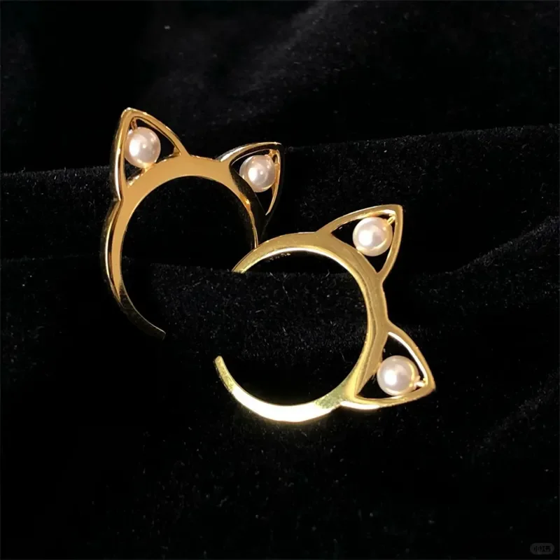 Cute Style Gold Color Imitation Pearl Cat's Ears Ring Women's High End Luxury Afternoon Tea Banquet Jewelry Ring Accessories