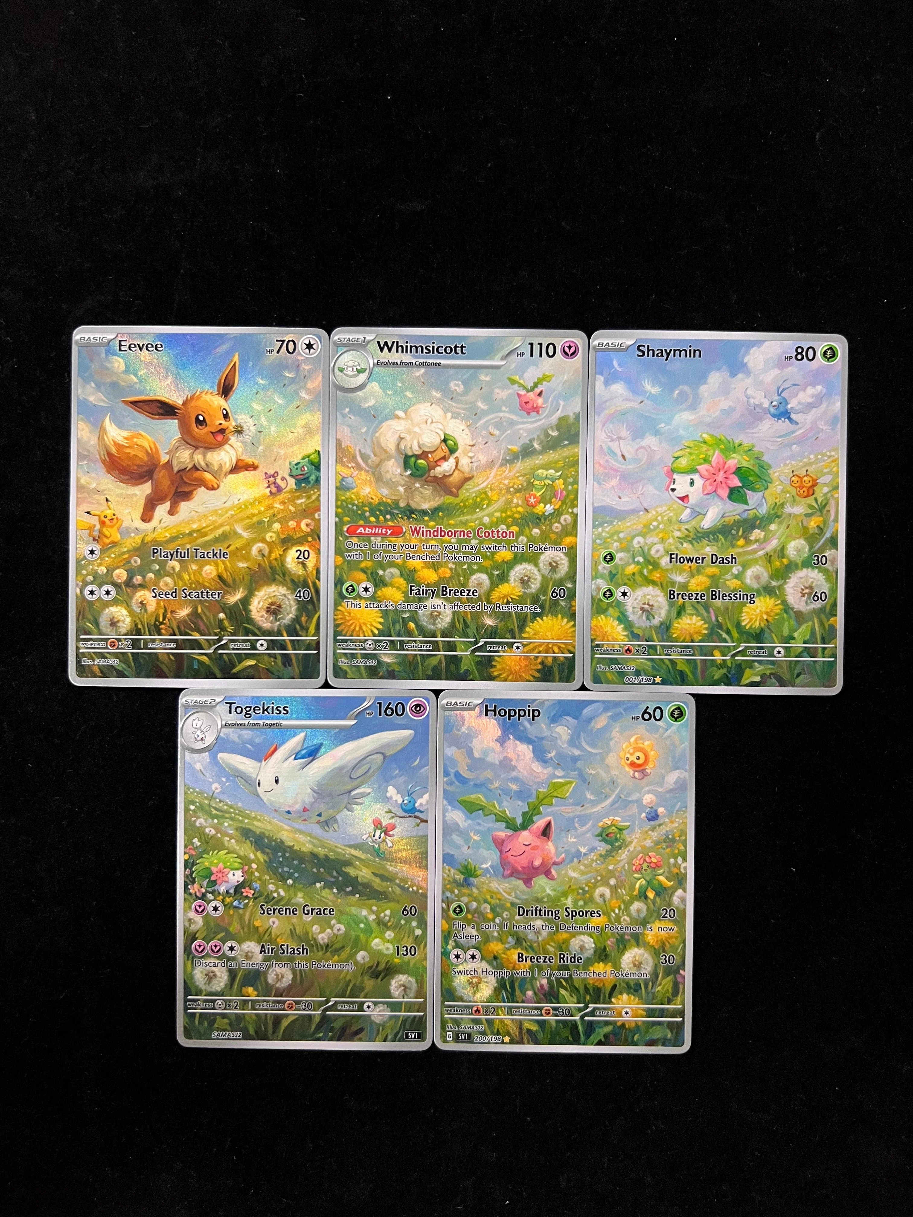 Pocket Monster Carnival Amusement Park 5 Cards Set,Togekiss Eevee Whimsicott Hopplp Shaymin Art Collectible Cards