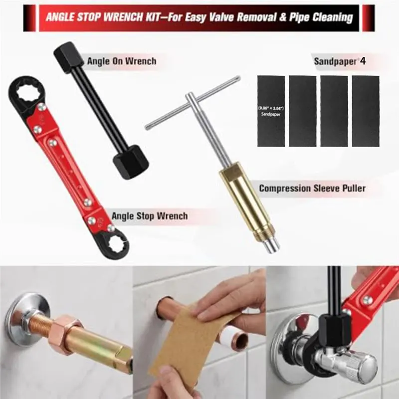 ABGH-For Rusty Frozen Compression Angle Stop Valve Repair Kit- 7 PCS Plumbing Tools Angle Stop Wrench& Puller