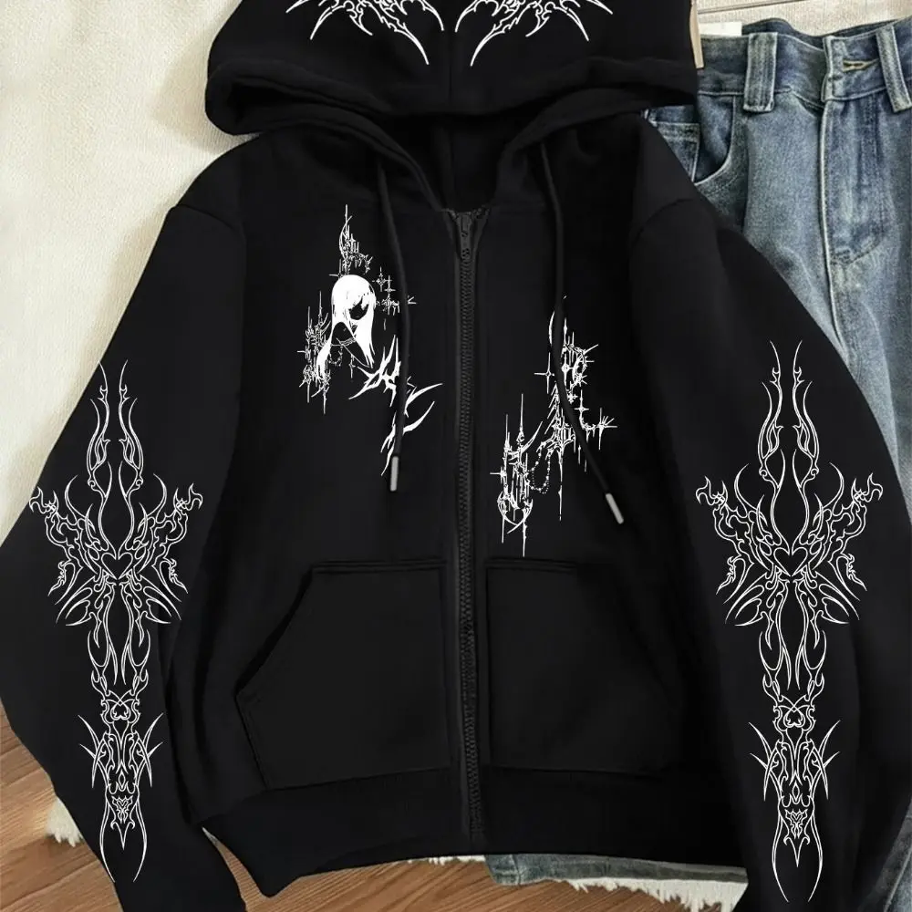 Gothic Devil Wings Skeleton Y2K Hoodie Unisex Long Sleeve Zipper Closure Streetwear Style Dark Theme Couple Matching Sweatshirts