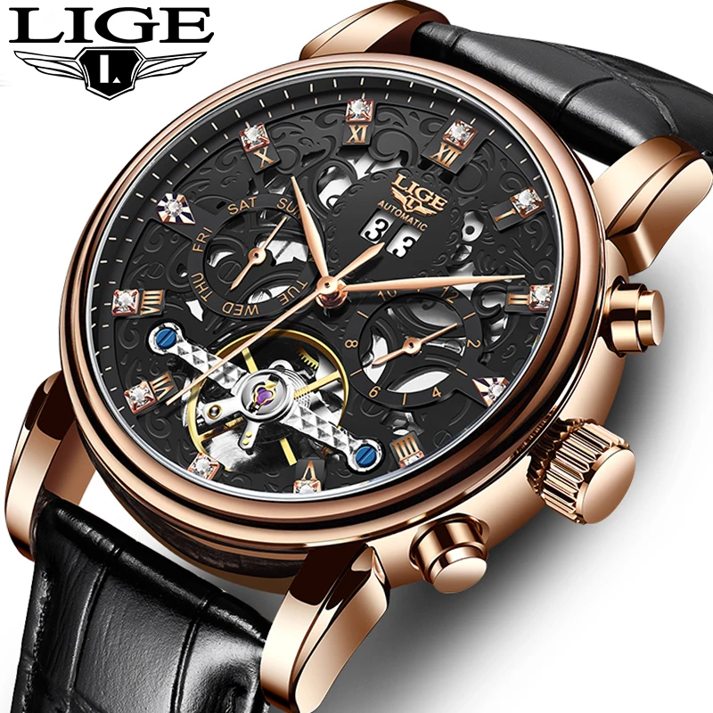 2024 LIGE Business Mens Mechanical Watches Top Brand Luxury Creative Automatic Date Watch For Men Leather Waterproof Wristwatch