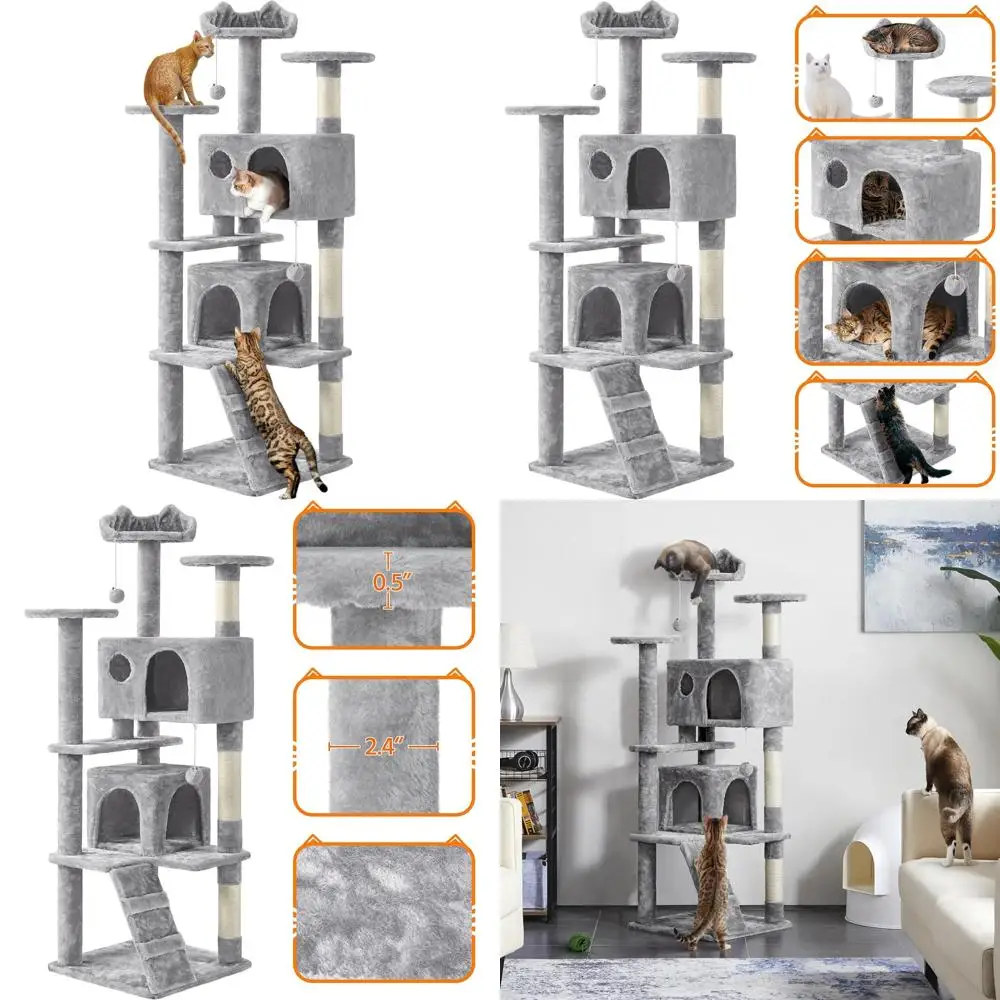 

Мебель для кошачьей башни для дома с сизалевой когтеточкой, 61 дюйм, светло-серая, многоуровневая кондоминированная для кошек для домашних кошек