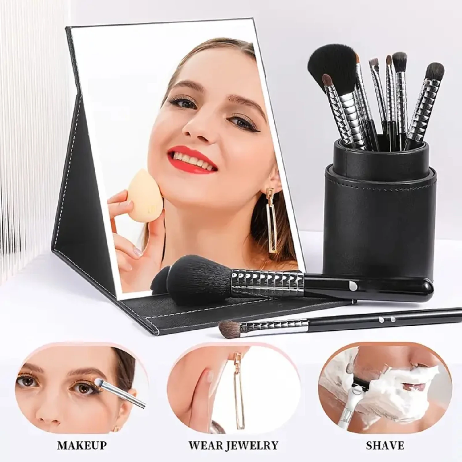 Large Portable Folding Vanity Makeup Mirror With Stand for Travel, Adjustable Brightness Touch Screen LED Light, Compact Beauty 