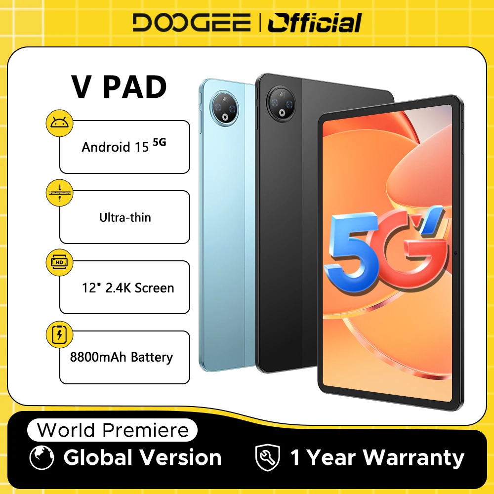 

DOOGEE V Pad 5G Планшетный ПК Android 15 Quad Динамики 12 дюймов Дисплей 2,4k 7,95 мм Ультратонкий 8 ГБ ОЗУ 256 ГБ 8800 мАч Батарея Smart Pad