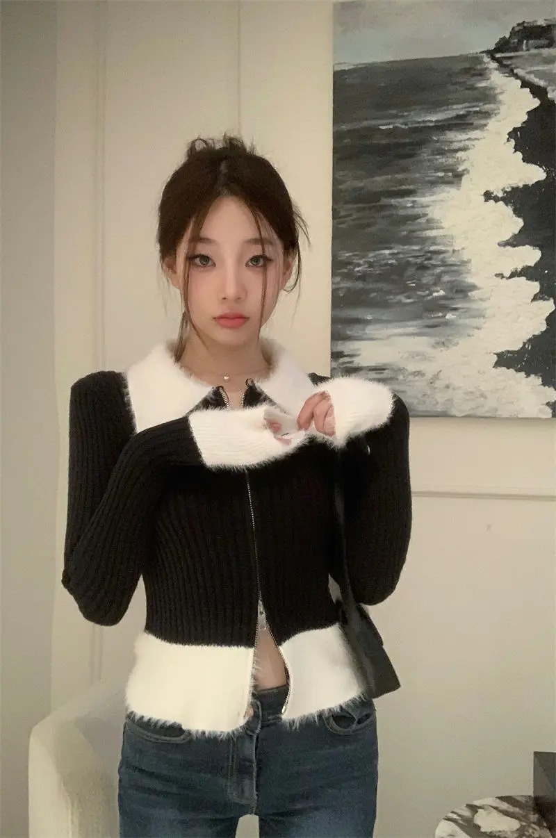 Zip Up Ribbed Knit Top with Fuzzy Collared Long Sleeve Crop Sweater Cardigan for Women Teen-girl Y2K 90s Outfit