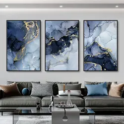 3pcs Modern Gold Blue Marble Wall Art Posters Abstract Canvas Painting Prints Pictures Living Room Interior Home Decoration