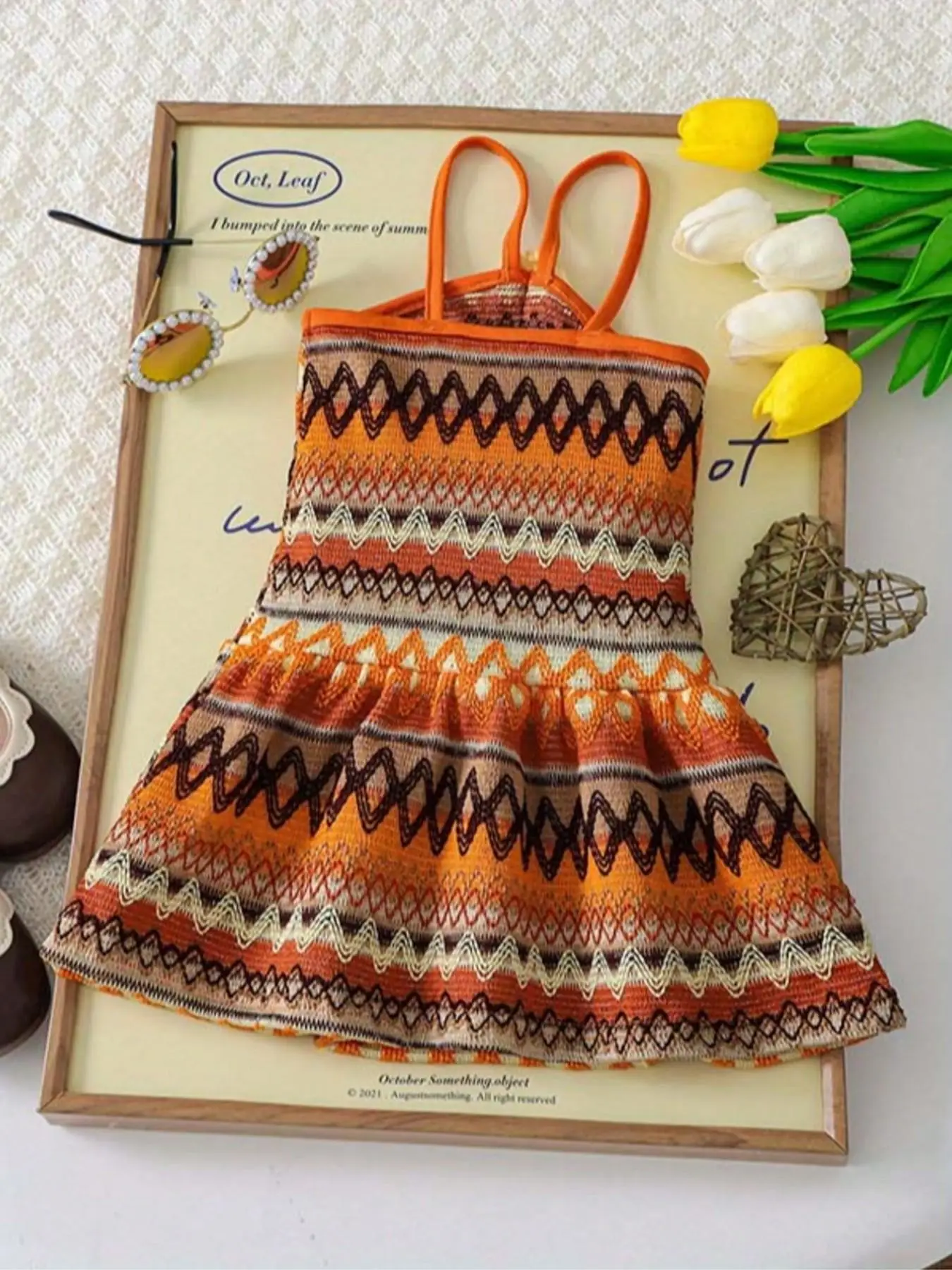 Bohemian Little Girl Spaghetti Strap Dress Tiered Ruffle Hem Knit Design Slim-Fitting Casual Style Kids Party Travel Wear
