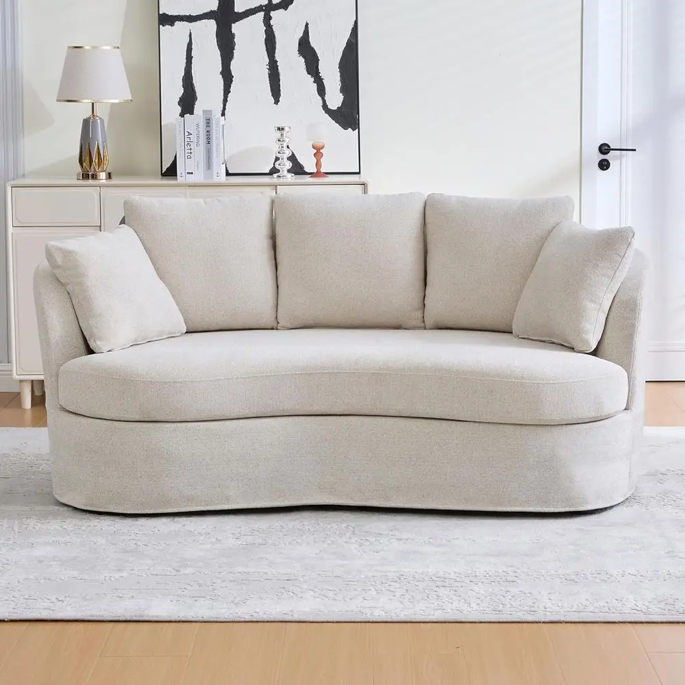 74" Beige Curved Couch or Small Space,Chenille 3 Seater Soa with 3 Back Cushions and 2 Throw Pillows,Small Aparent Couch with Cu