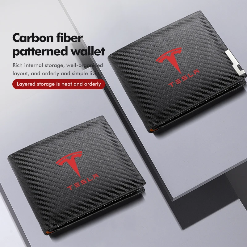 Carbon Fiber Wallet Leather Business Coin Card Holder Purse For Tesla Model 3 S Y X