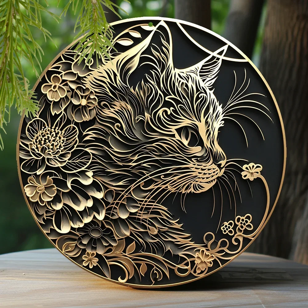 Faux Foil Stamping Papercut Art Painting Round Wreath Decorative Sign Dormitory Decor Boys Gifts Persian Cat Theme Decoration