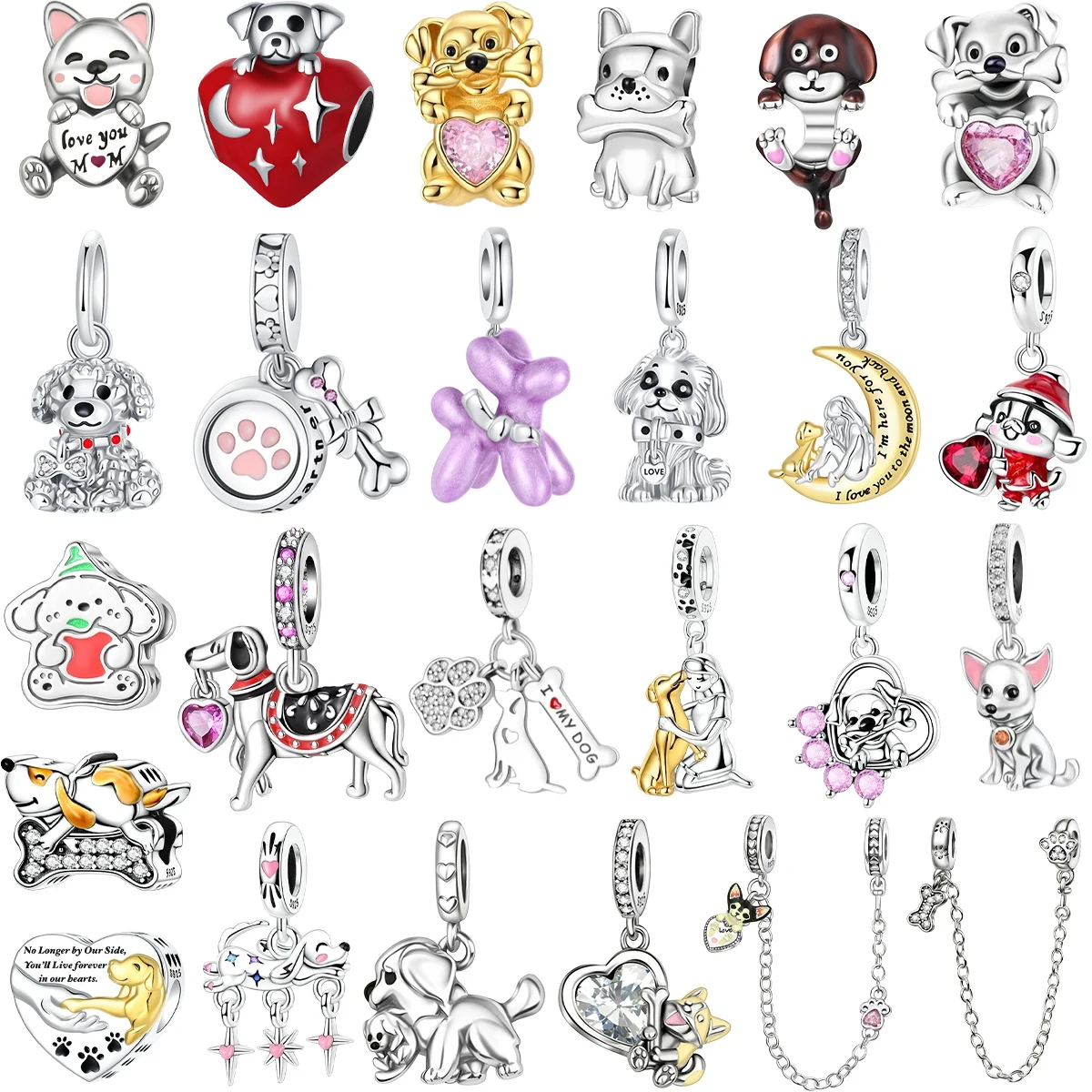 New Original 925 Sterling Silver Charms Animal Puppy Safety Chain Heart Beads Bracelets Necklaces Womens DIY Jewelry Gift